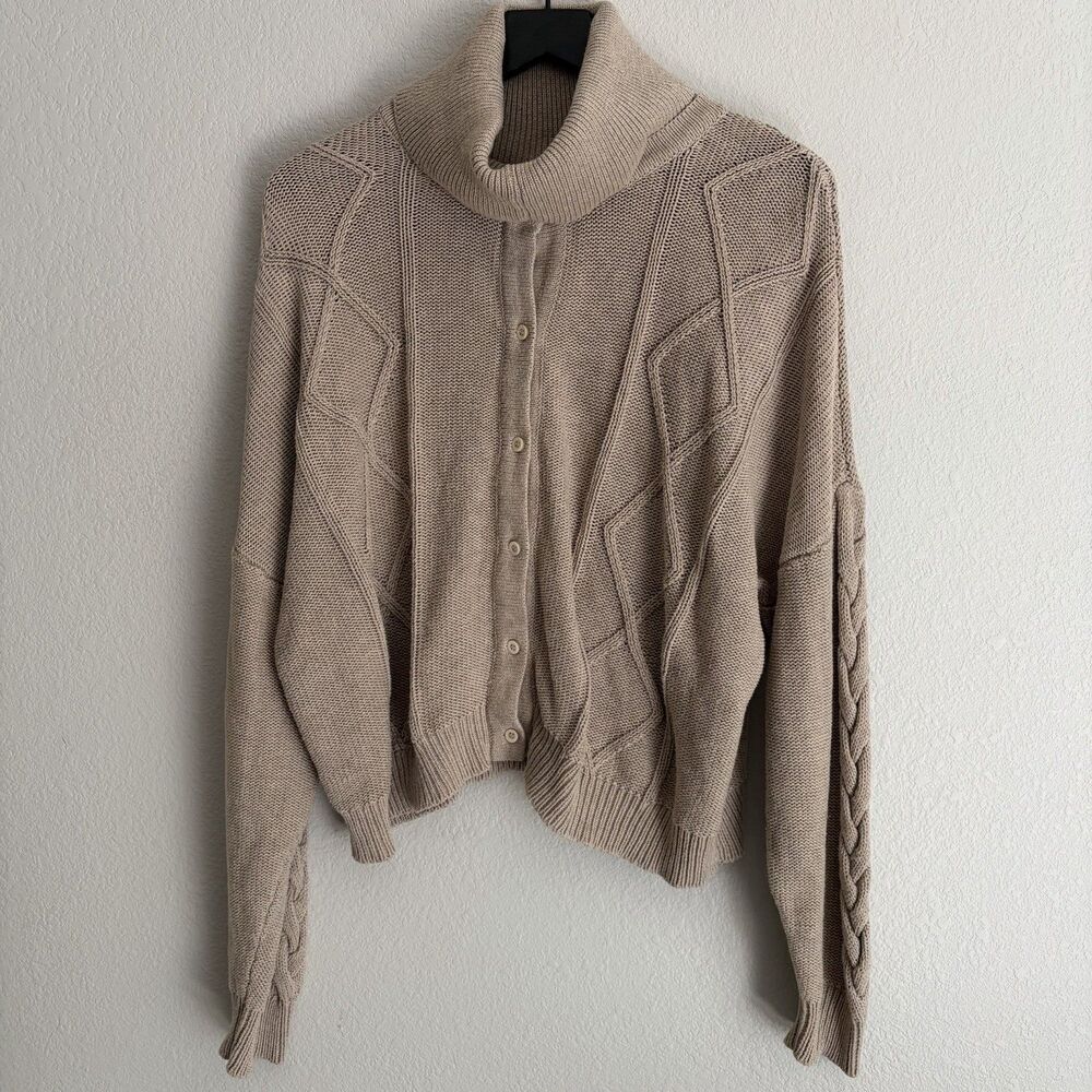 VETTA Cable Knit Turtleneck Cardigan Size M Taupe